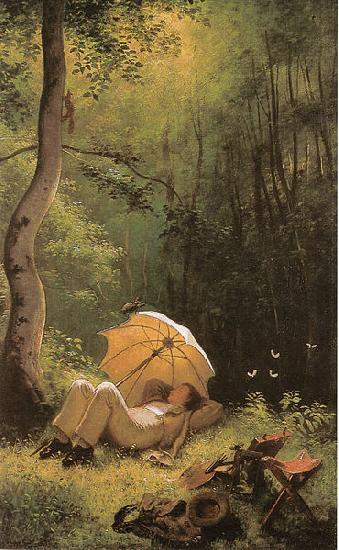 Carl Spitzweg Der Maler auf einer Waldlichtung, unter einem Schirm liegend